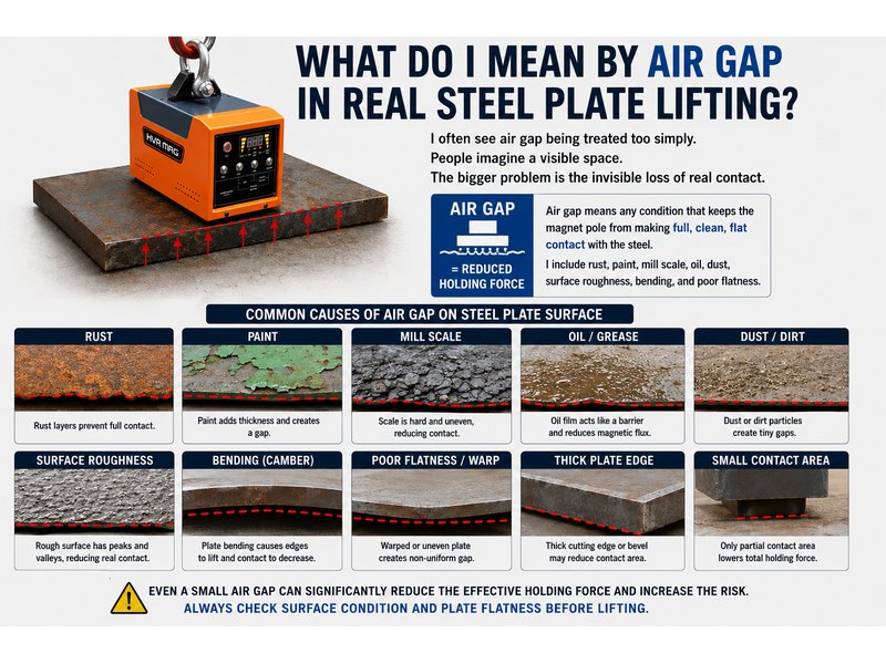 Air gap between a lifting magnet face and rusty steel plate reducing holding force